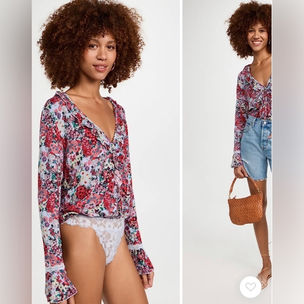Free People Floral Ruffle V-Neck Long Sleeve Bodysuit in Red, Pink, Blue - Picture 2 of 6